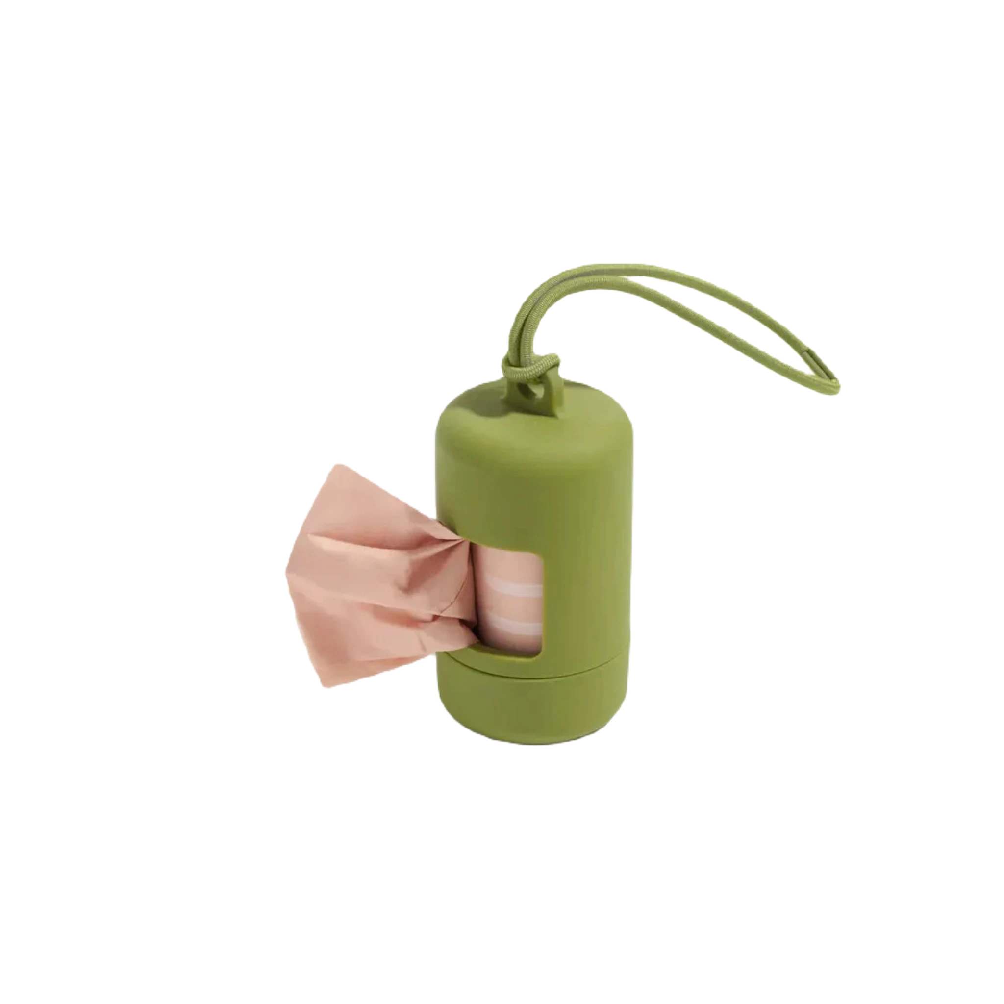 The Wild One Dog Poop Bag Dispenser Holder in Moss is a green cylindrical container with a strap, dispensing pink poop bags from a side opening and featuring an eco-friendly leash attachment.