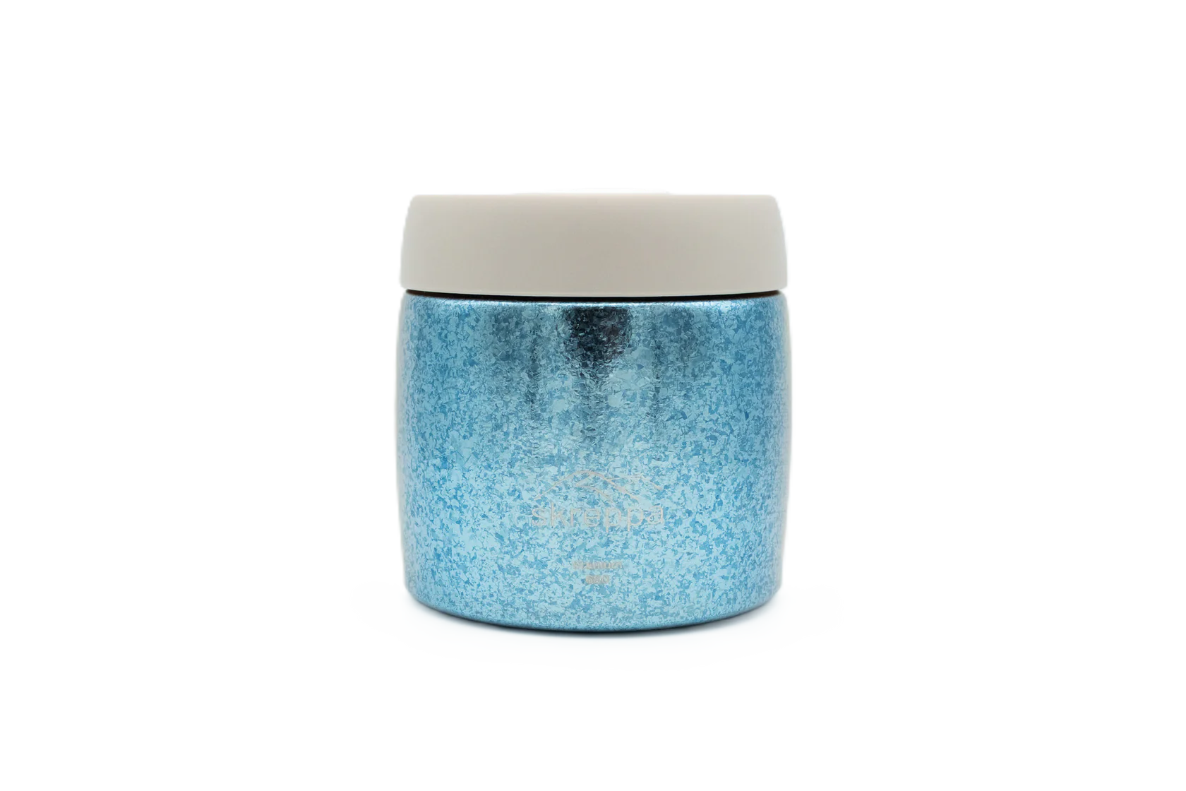 Skreppa Titanium Vacuum Storage Pot in blue with beige lid, metallic finish, airtight food container on white background.