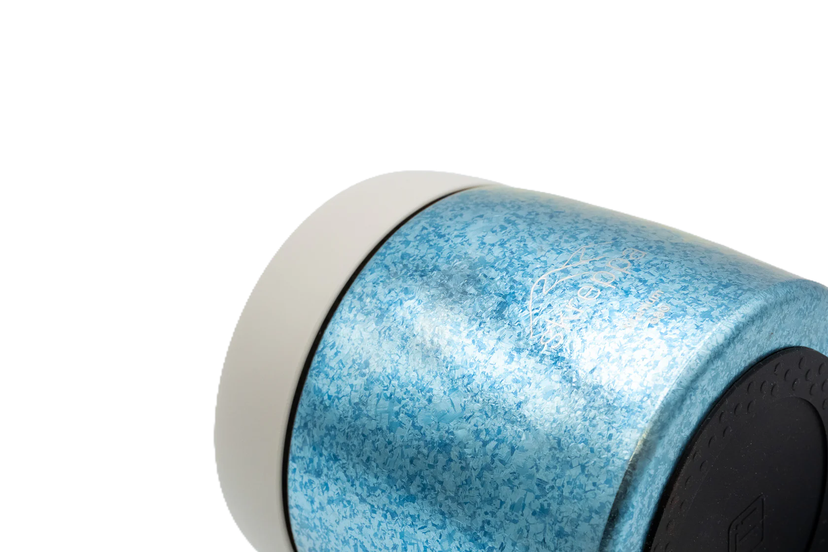Blue Skreppa Titanium Vacuum Storage Pot with white band, angled on white background; premium airtight kitchen container.