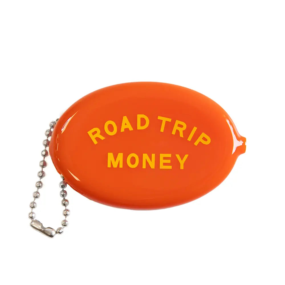 Three Potato Four orange coin pouch with yellow "ROAD TRIP MONEY" text and metal beaded keychain, travel wallet accessory.