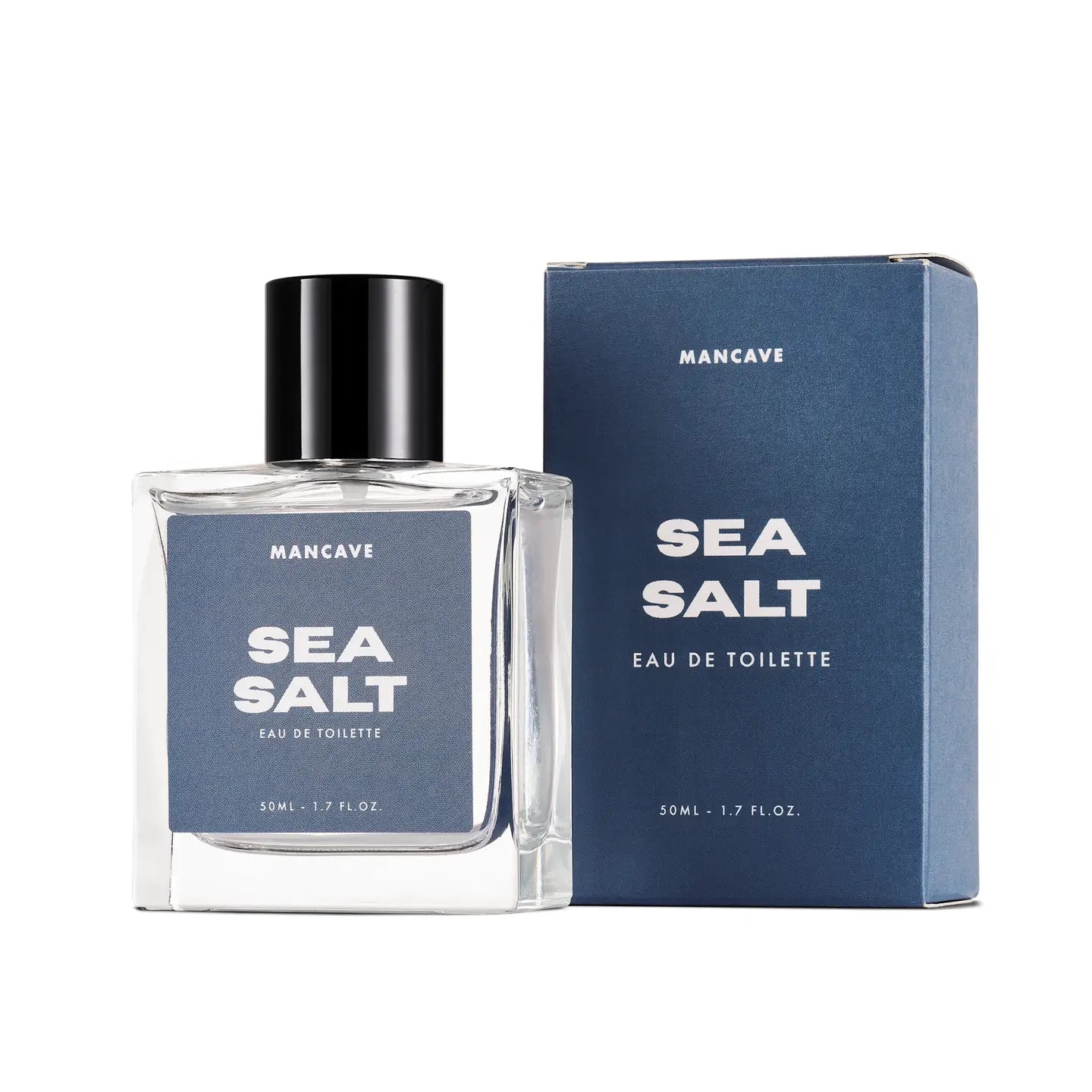ManCave Sea Salt Eau De Toilette Spray 50ml and blue box on white background, premium men’s fragrance, fresh scent grooming.
