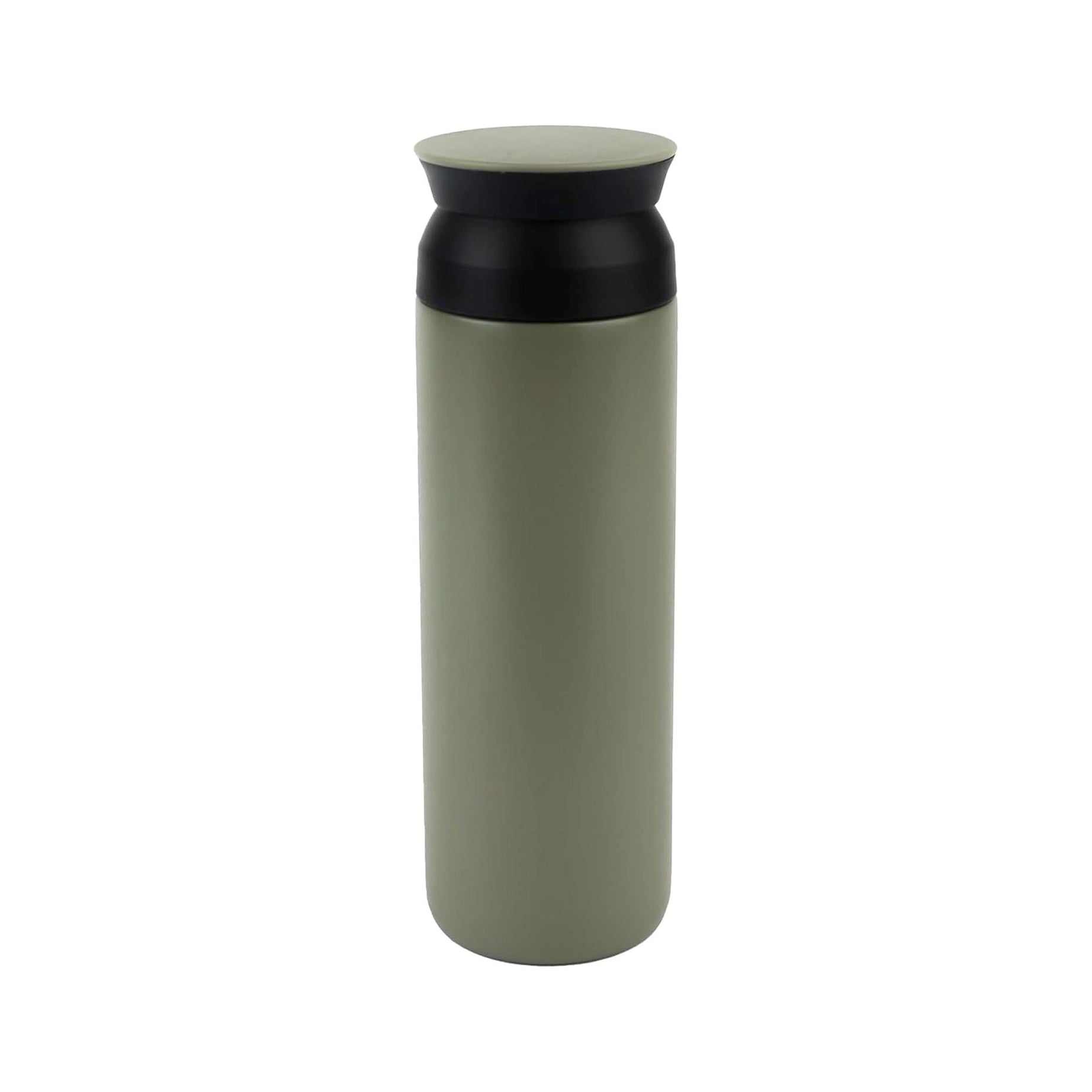 Forager Provisions 500ml Premium Stainless Steel Matt Khaki Travel Mug Flask with black lid shown on a white background.