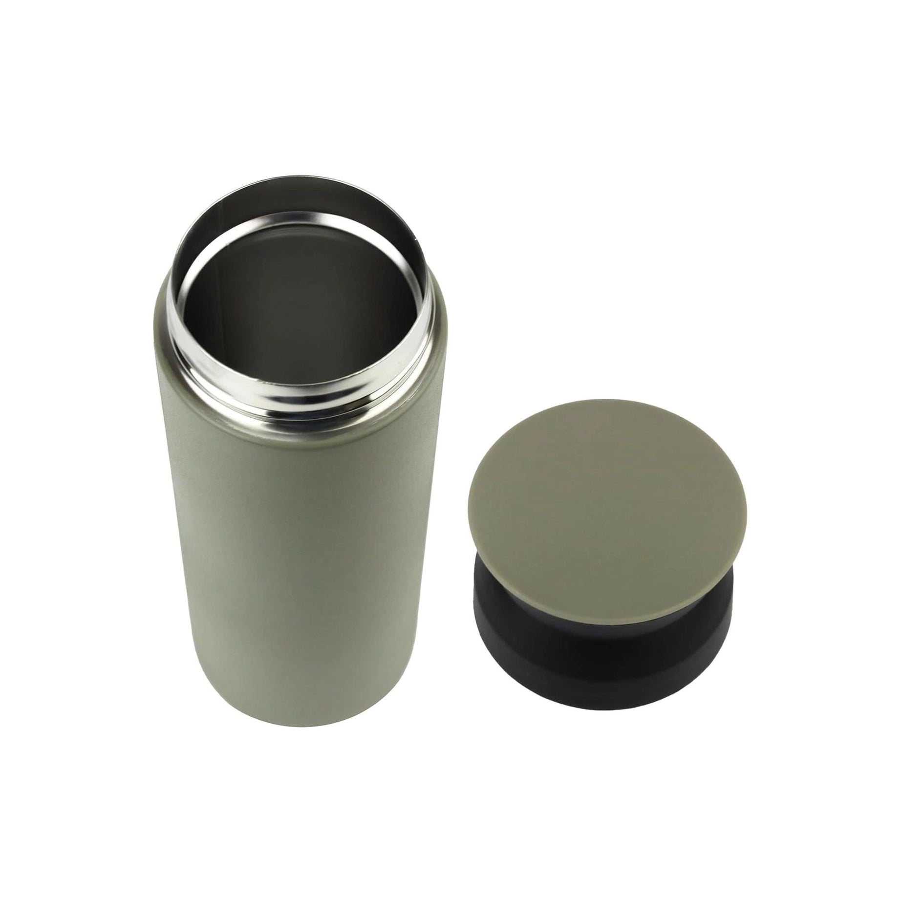 Forager Provisions Premium 500ml Matt Khaki Stainless Steel Travel Mug Flask with lid, leakproof, on white background. Eco-friendly.