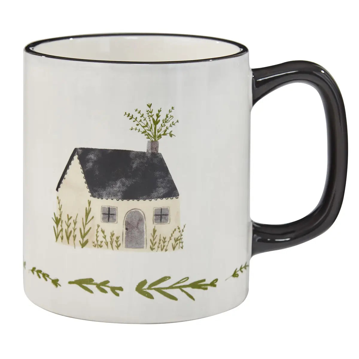 Park Designs Together Cottage Folk Mug, white ceramic with black handle, features charming house and green leafy design accents.
