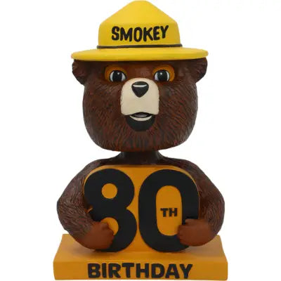 Smokey Bear Bobblehead 80th Birthday edition wearing a yellow hat and holding a collectible sign. Perfect gift for collectors!.