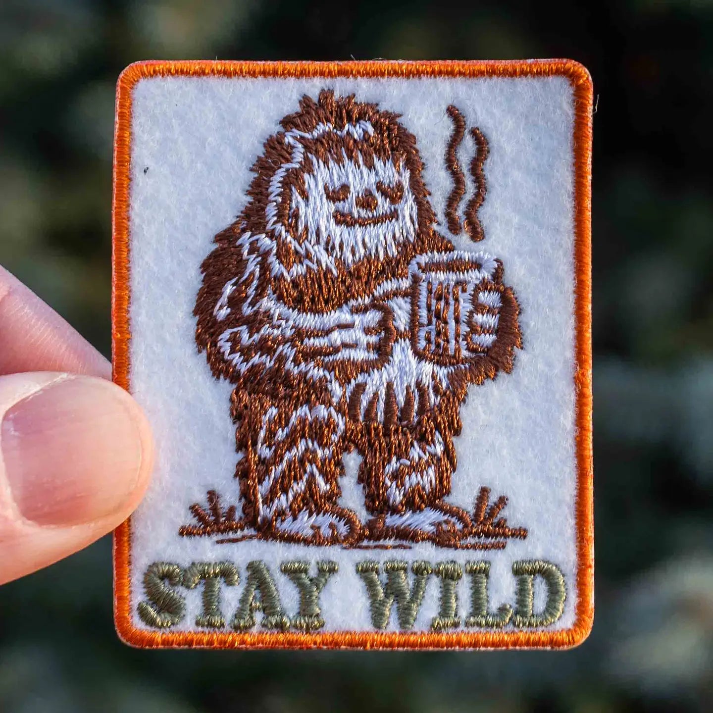 Hey Bear Outdoors Stay Wild Bigfoot Drinking Coffee Iron On Patch