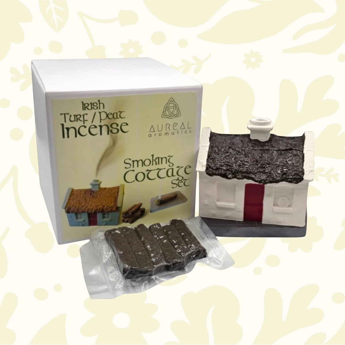 Forager Provisions LTD Aureal Aromatics Irish peat incense set with a ceramic cottage burner and five turf sticks.