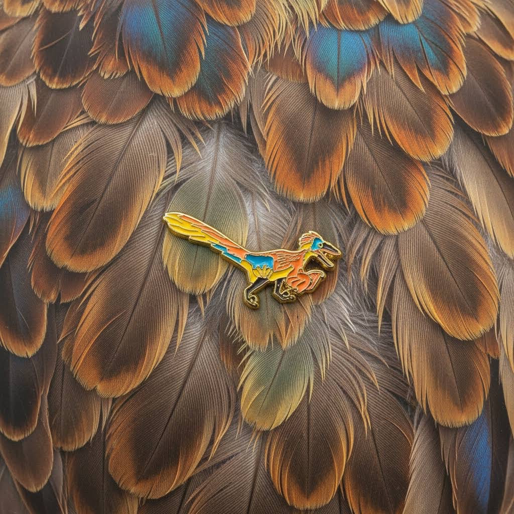 Forager Provisions LTD James Barker Raptor enamel pin badge with gold metal finish, pinned on brown bird feathers.