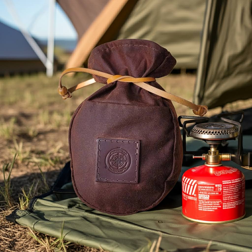 Journeyman Handcraft Waxed Canvas Coffee Pouch For Camping - Chesnut Brown