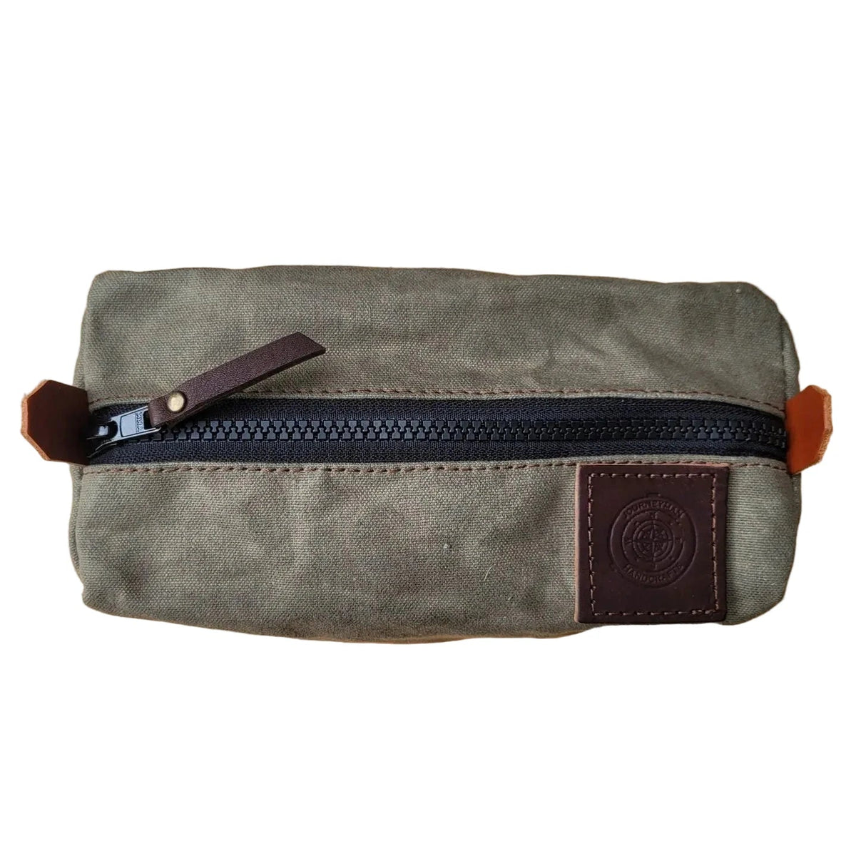 Forager Provisions LTD Journeyman Craft green waxed canvas camping peg case with a durable YKK zipper and leather patch.