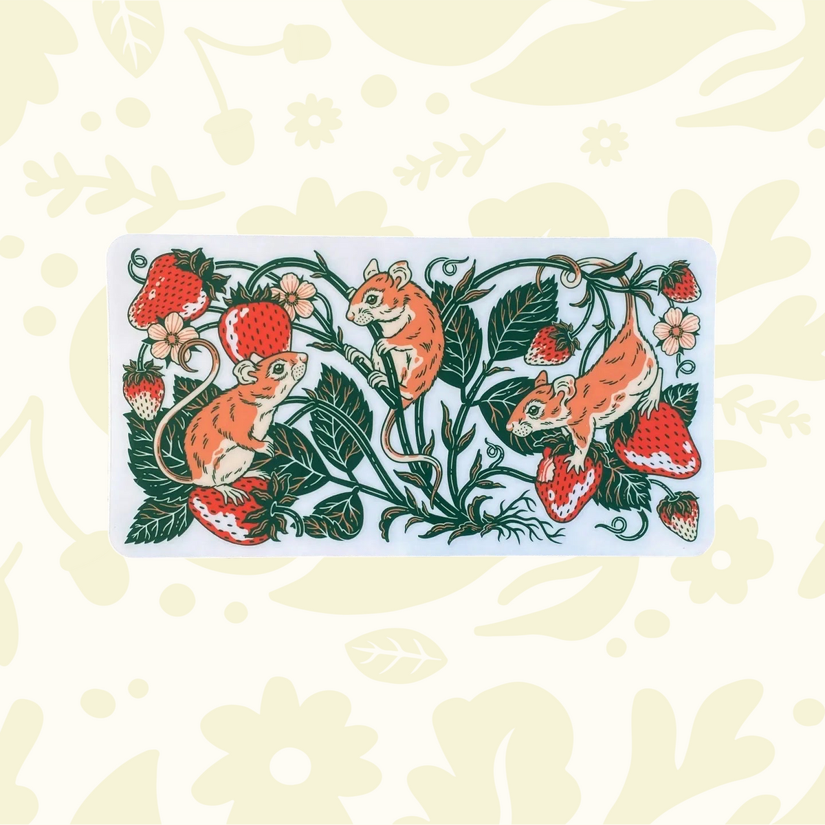 Kate O’Hara Mice and Strawberries Nalgene Sticker: clear vinyl, cute mice with strawberries and leaves, perfect for bottles.