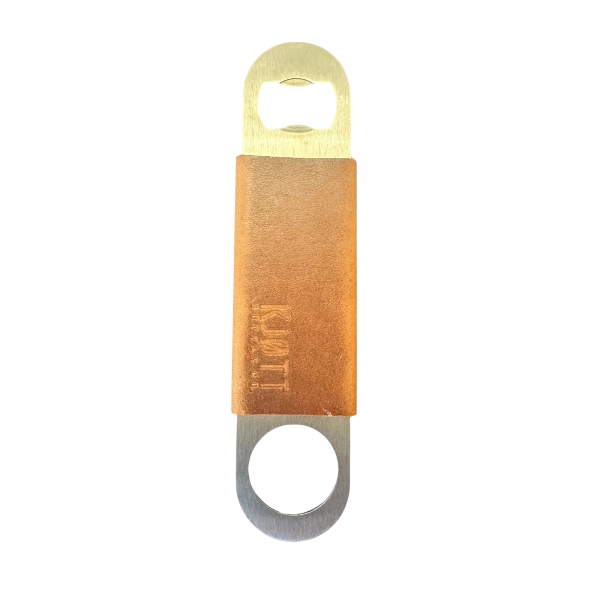 Kjøtt Leather Bar Blade: premium Horween leather grip, stainless steel bottle opener for bartenders. Shown on white background.