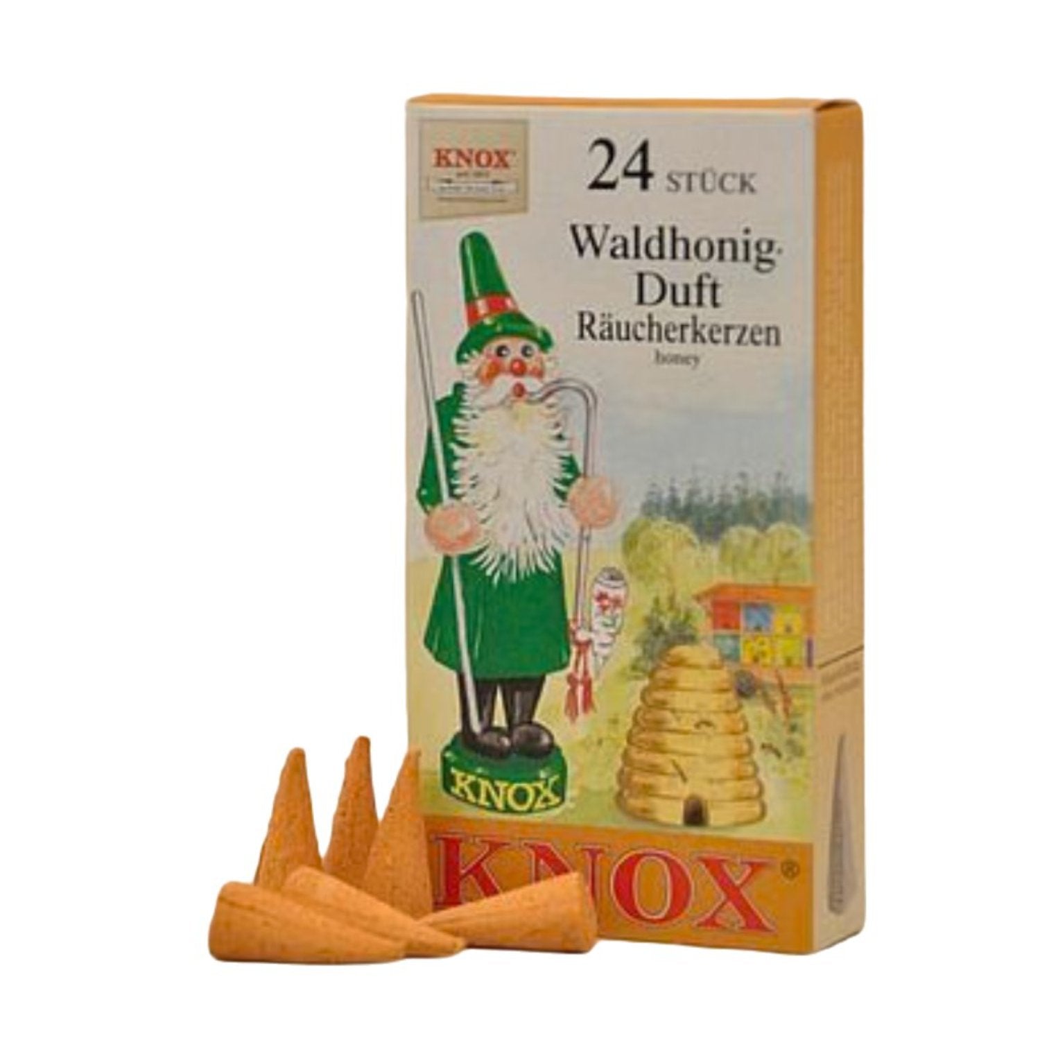 Box of KNOX Incense 24 Cones - Honey with packaging displaying an illustration of a green-clad figure and beehive, reminiscent of traditional KNOX smoking men.