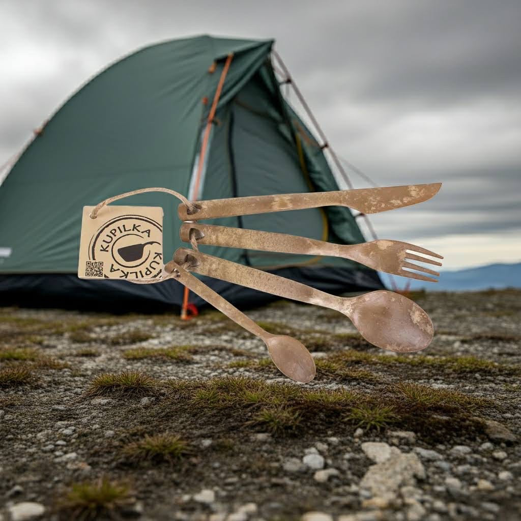 Forager Provisions LTD Kupilka brown natural fibre composite cutlery set with fork, spoon, and knife at a campsite.