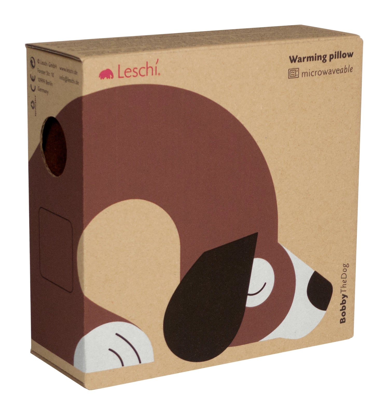 Microwavable ergonomic Leschi Neck & Shoulder Warming Pillow, brown with cute dog graphic, relieves pain and tension therapy.