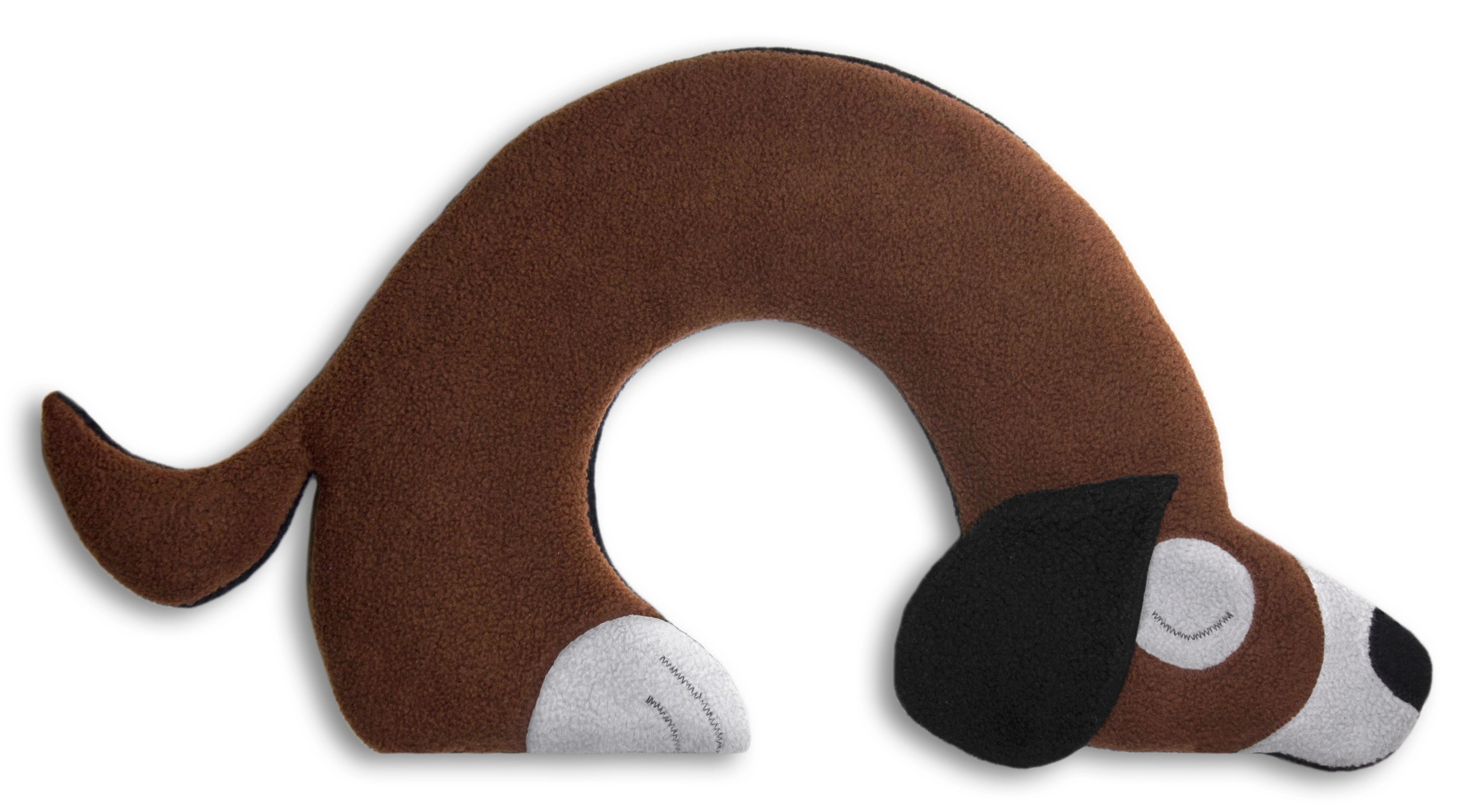 Leschi Neck & Shoulder Warming Pillow—brown dog-shaped microwavable grain pillow with black ears for neck pain relief.