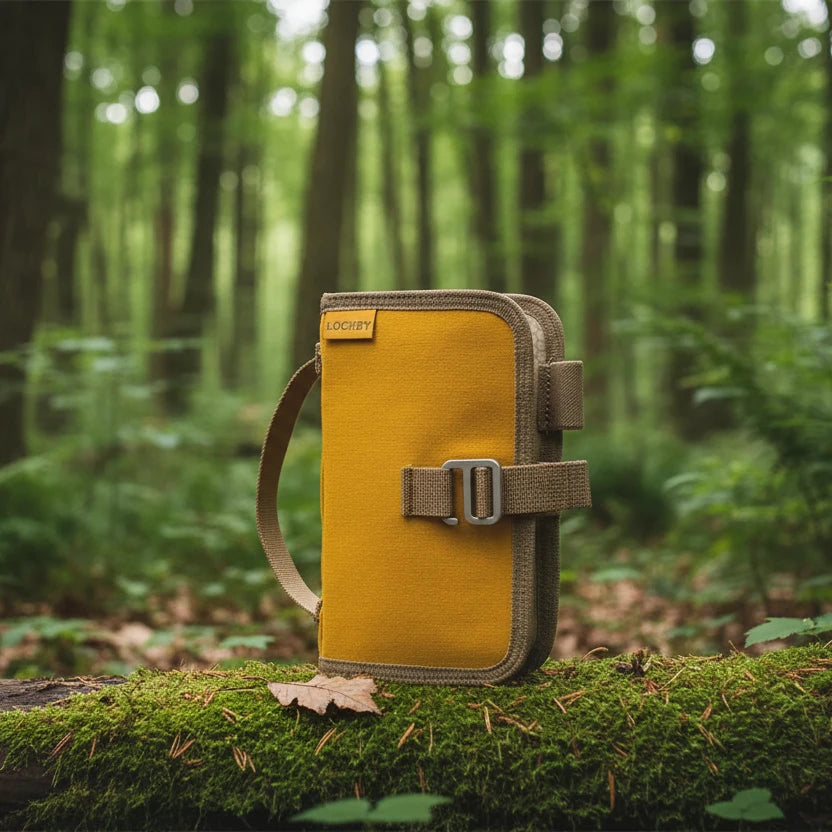 Forager Provisions LTD Lochby Mini Field Journal in mustard waxed canvas, resting on a mossy log in a forest.