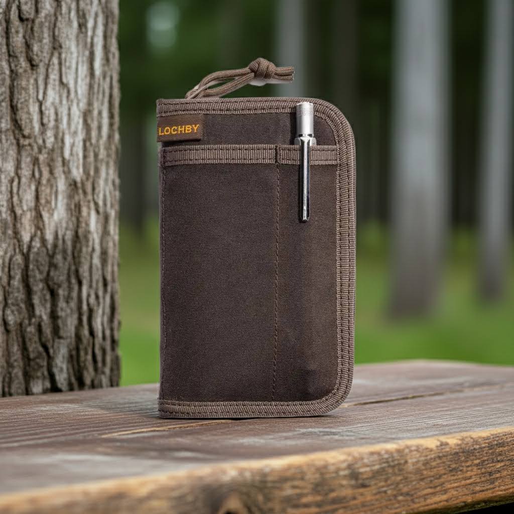 Forager Provisions LTD Lochby brown waxed canvas pocket journal with a pen holder, sitting on a wooden surface.