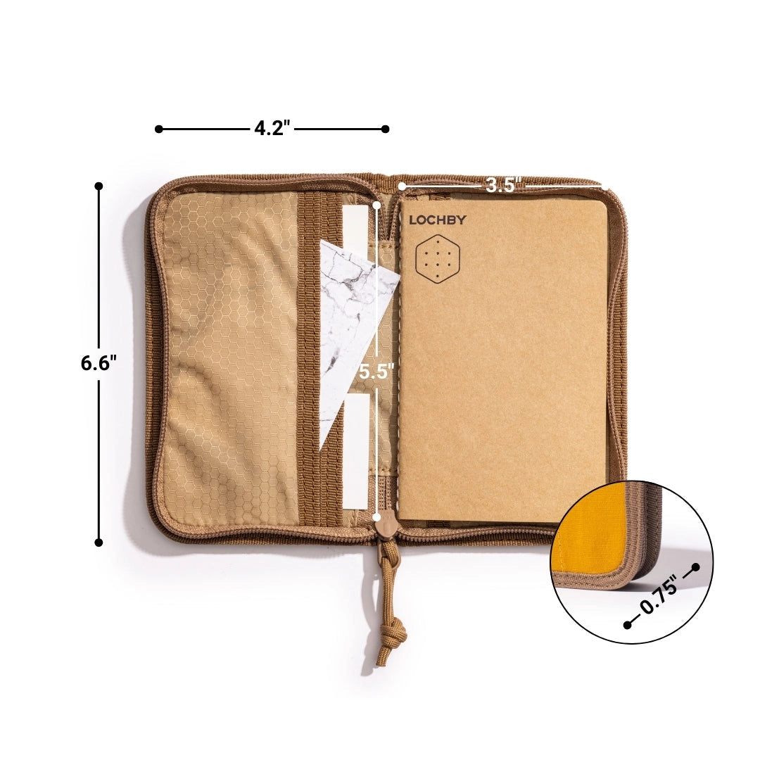 Forager Provisions LTD Lochby mustard pocket journal open to show interior pockets and notebook dimensions