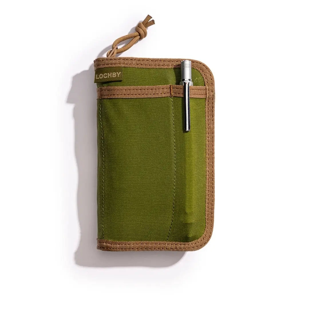 Lochby Pocket Journal Olive: green-brown zippered pouch with pen pocket, compact EDC notebook cover for daily organization.