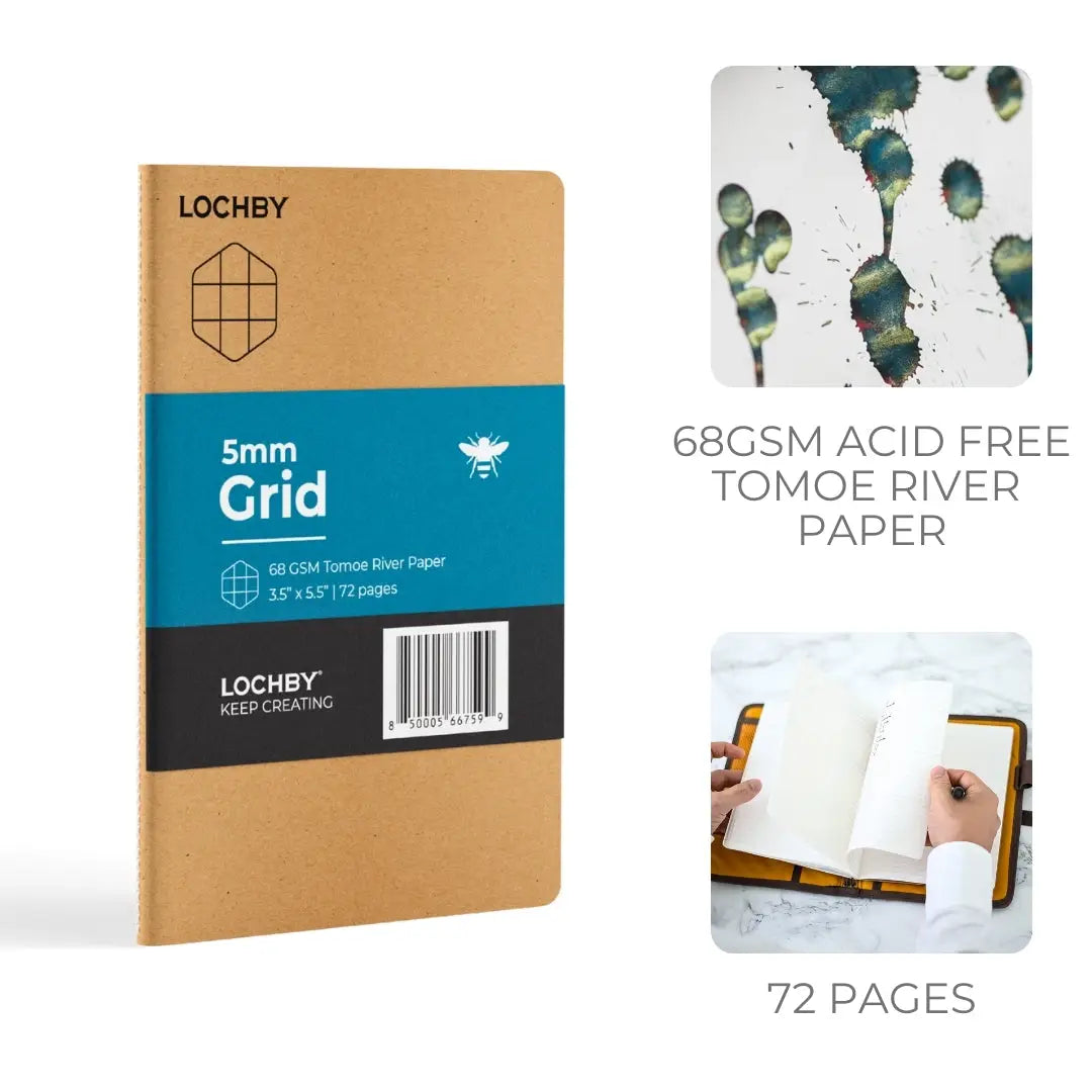 Forager Provisions LTD Lochby pocket notebook with grid Tomoe River paper and a brown cover on a white background