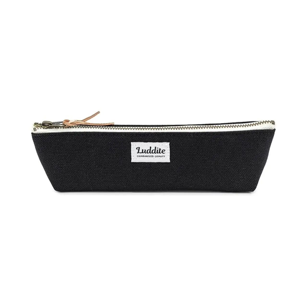 The Luddite Boat Kurashiki Canvas Okayama Denim Black Medium Pen Case features a white label, displayed on a white background.