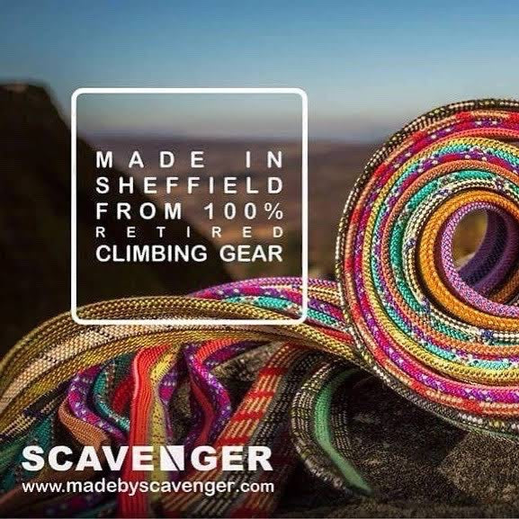 Upcycled Scavenger Fire wallet handmade in Sheffield, framed by coiled climbing ropes for eco-friendly outdoor style.
