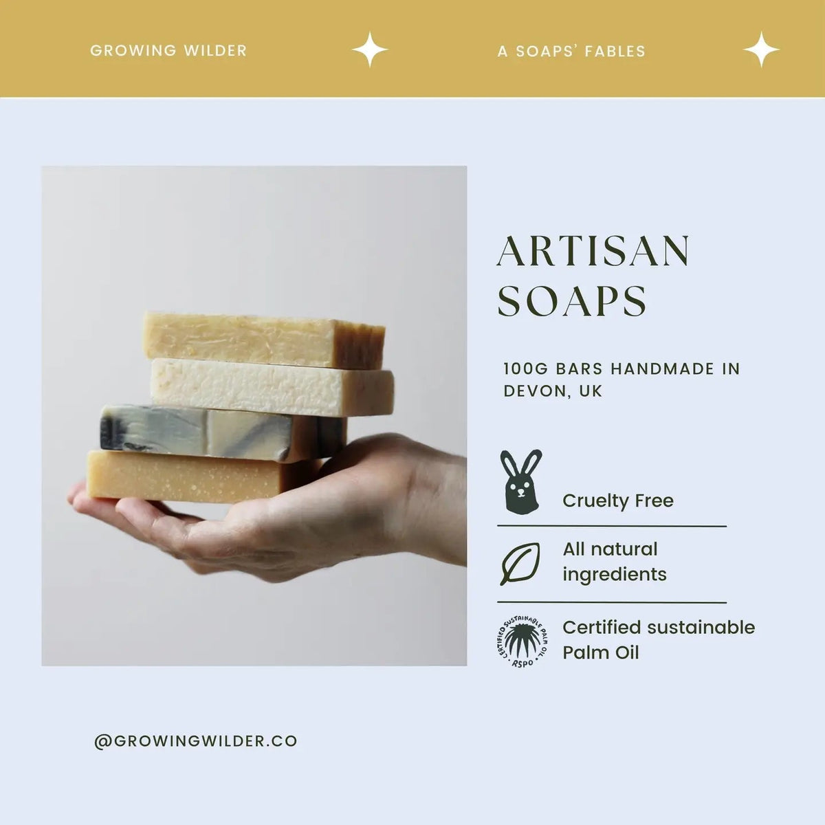 Forager Provisions LTD Growing Wilder artisan soap bars stacked in a hand, featuring natural ingredients and textures.
