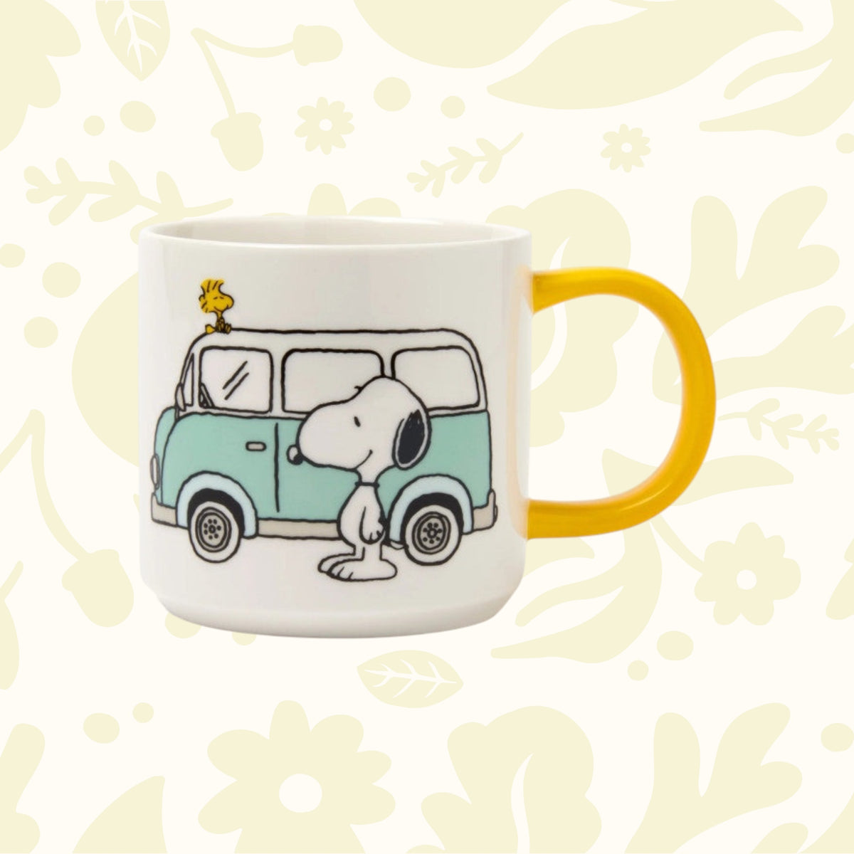 Forager Provisions LTD vegan ceramic mug featuring Snoopy and Woodstock with a campervan and yellow handle