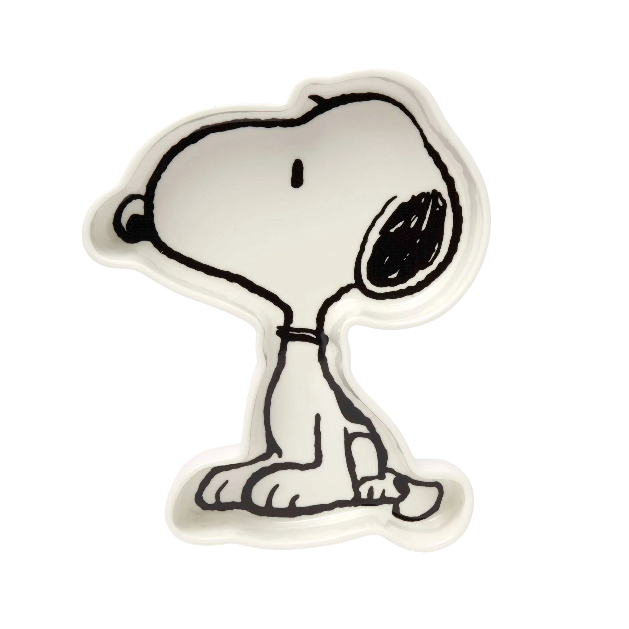 Forager Provisions LTD white Snoopy shaped sitting dish tray with black outline details for jewellery or trinkets.