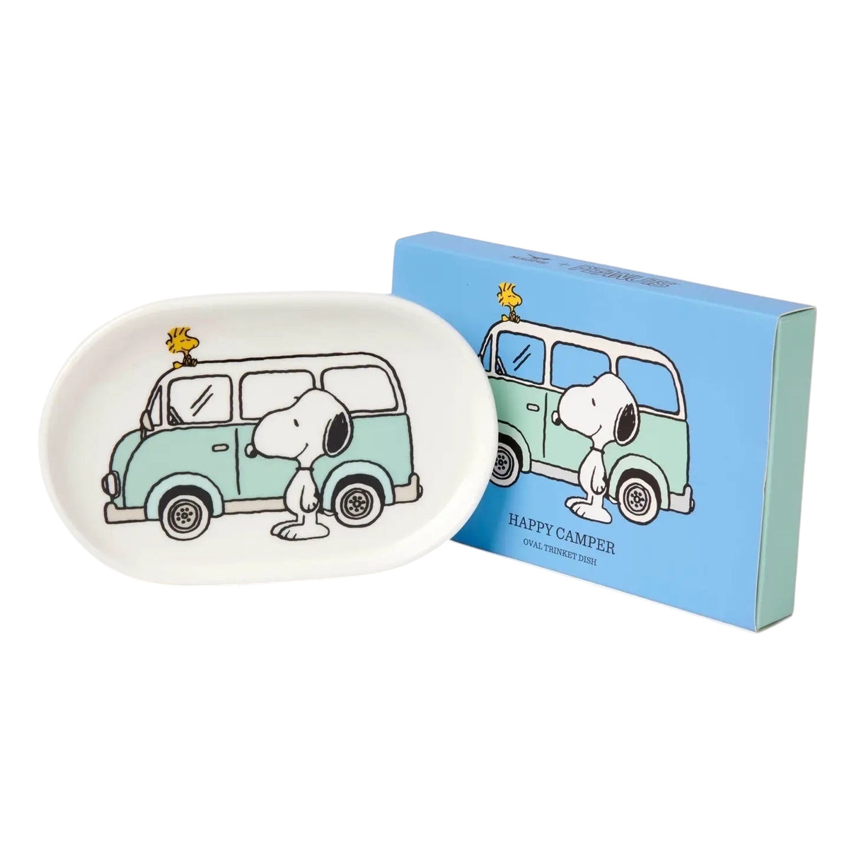 Forager Provisions LTD Magpie Peanuts oval porcelain trinket dish featuring Snoopy and Woodstock in a camper van
