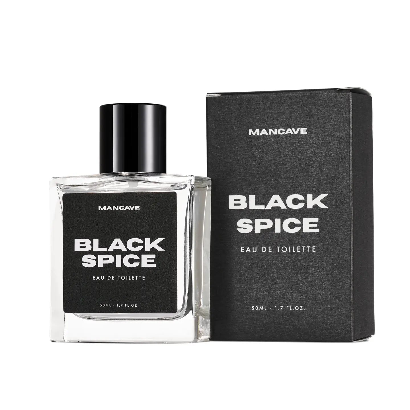 ManCave Black Spice Eau De Toilette Spray 50ml bottle shown next to sleek black box packaging, premium men’s fragrance.
