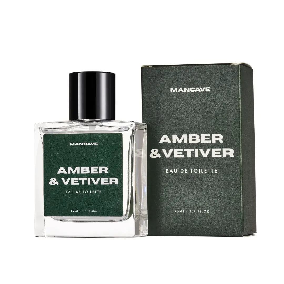 ManCave Amber & Vetiver Eau de Toilette, 50ml bottle and box, green label, black cap. Men's fragrance spray gift idea.