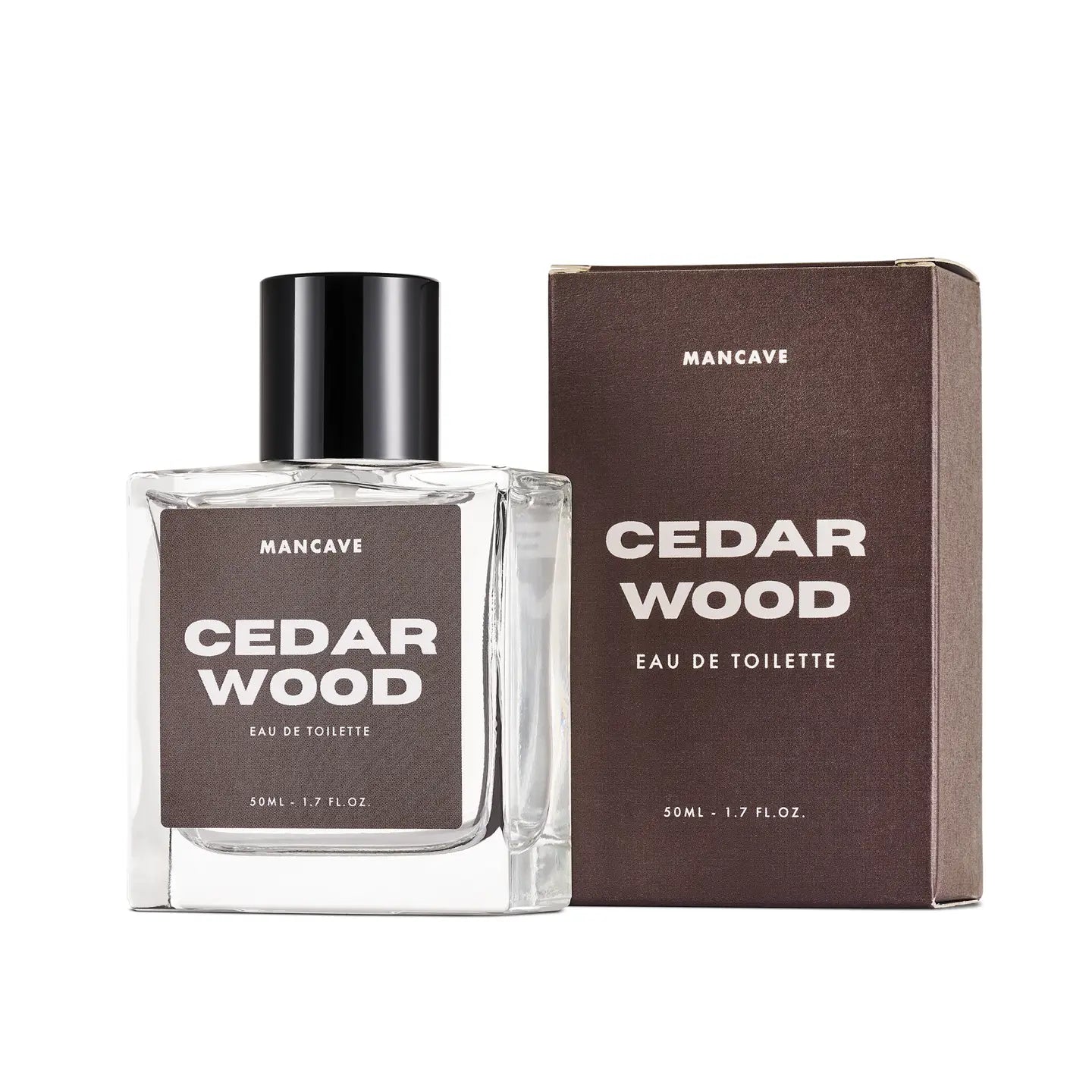 ManCave Eau De Toilette Spray 50ml Cedarwood bottle displayed next to its brown box, premium men’s fragrance grooming set.