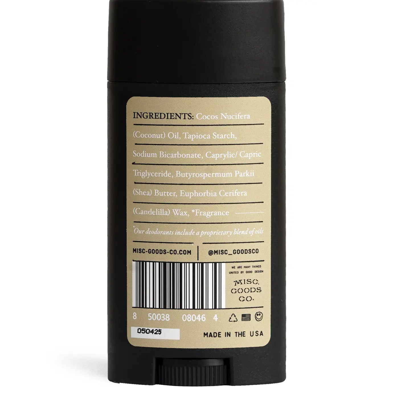 A black stick of deodorant labeled "Misc Goods Co Meadowland Natural Deodorant," featuring scents of hay, patchouli, and leather. It is aluminum-free and paraben-free, cruelty-free, and comes in Eco Smart Packaging.