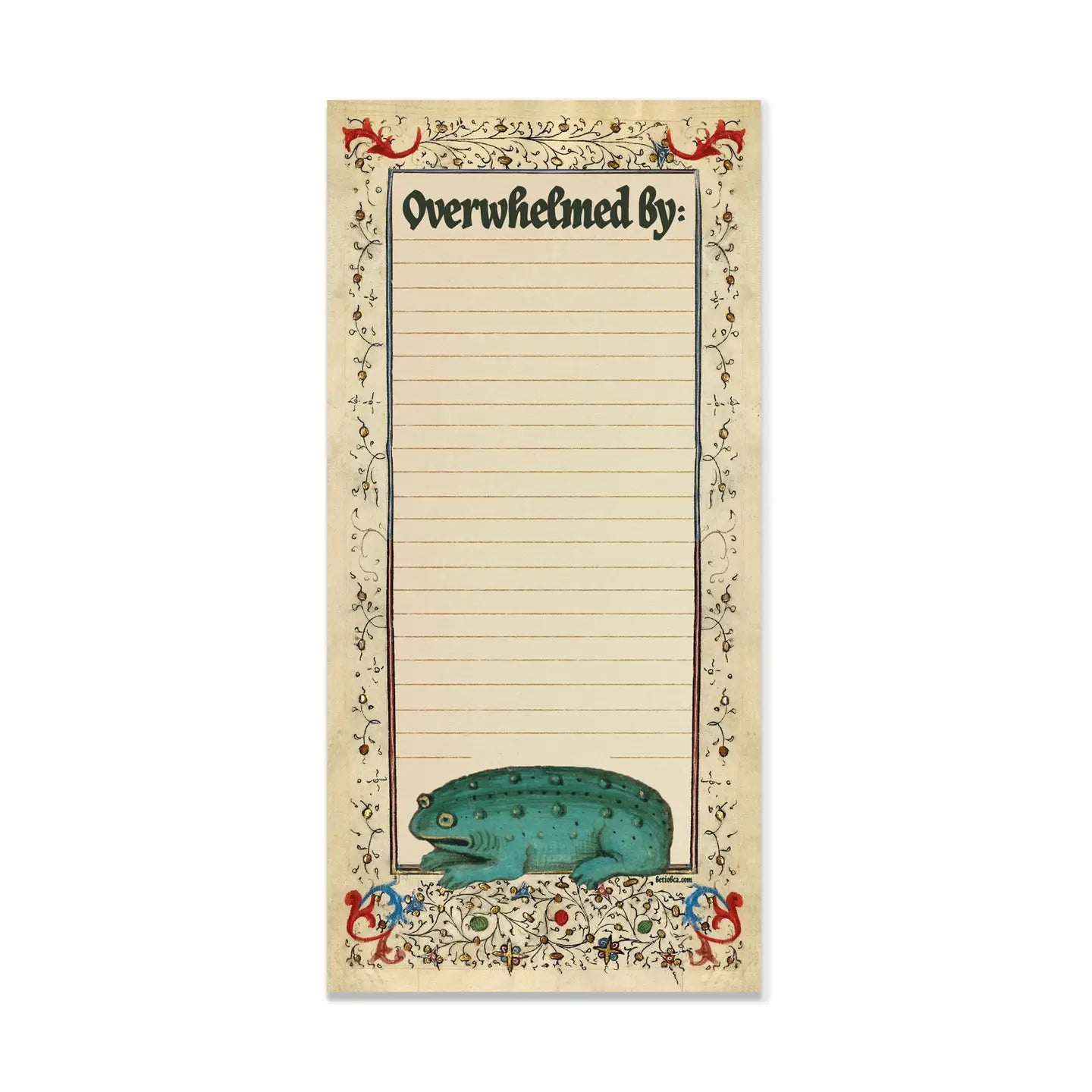 Gothic notepad by Betiobca with a blue medieval frog illustration and a quirky “Overwhelmed By” prompt—unique stationery gift.