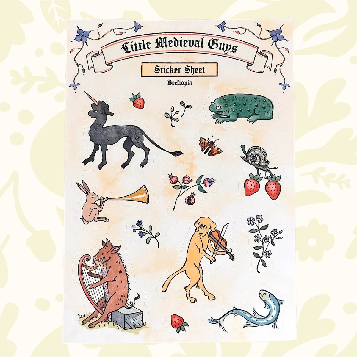 Beeftopia Medieval Creatures sticker sheet—waterproof vinyl with fruits, insects on vibrant red-green background. Collector’s item.