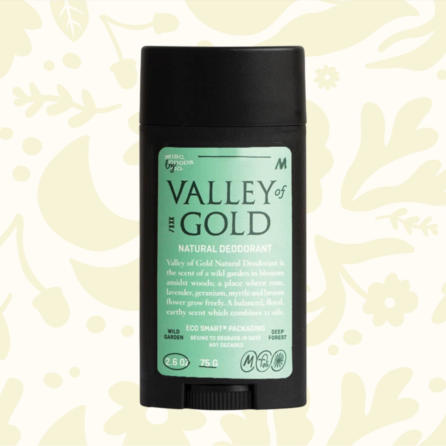 A black cylindrical deodorant stick with a green label reading "Misc Goods Co Valley Of The Gold Natural Deodorant" in 75g, boasting eco-friendly packaging and proudly aluminium & paraben free.
