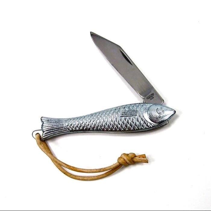 Molly Jogger Fingerling Fish Knife—UK legal folding knife, 18+ adults only, leather loop, extra-long blade for fishing.