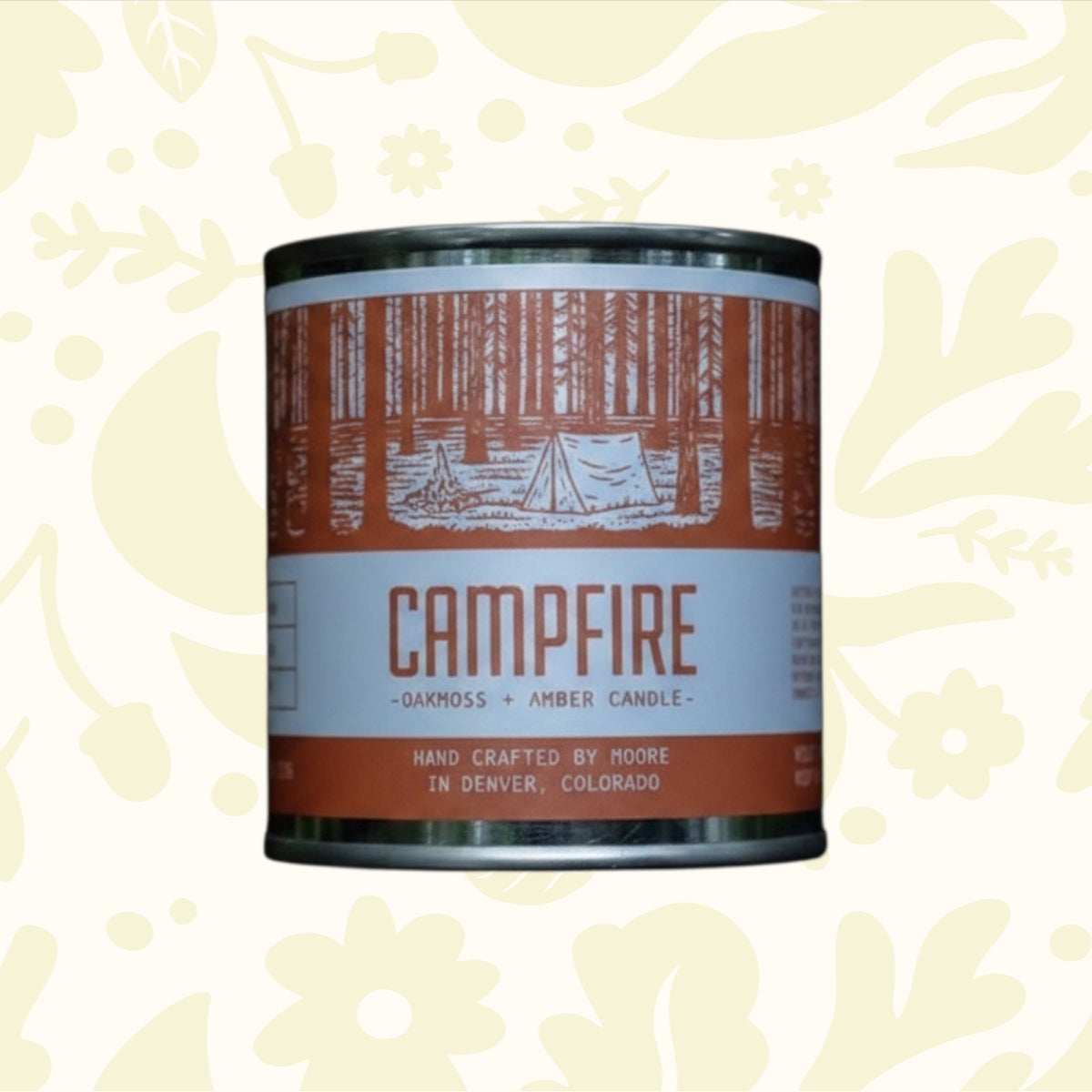 Forager Provisions LTD Moore Collection Campfire soy wax candle in a reusable metal tin with a rustic forest label.