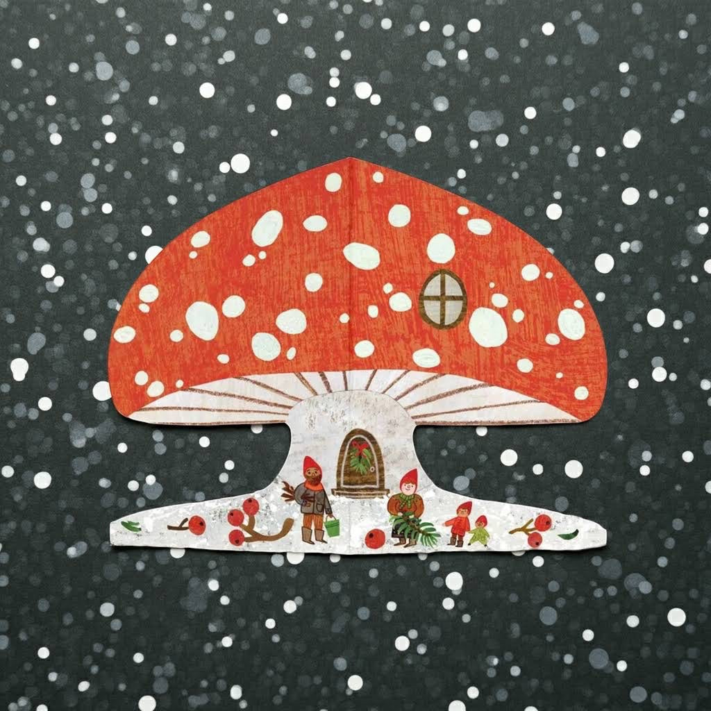 Whimsical Mortlake Papers Snowy Mushroom Gnome House Card is a charming holiday greeting with festive, cute winter design.