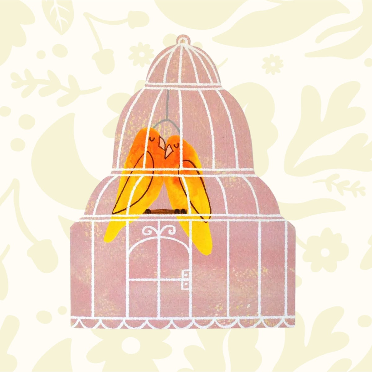 Forager Provisions LTD Mortlake Papers Lovebirds greeting card featuring two yellow birds inside a pink birdcage