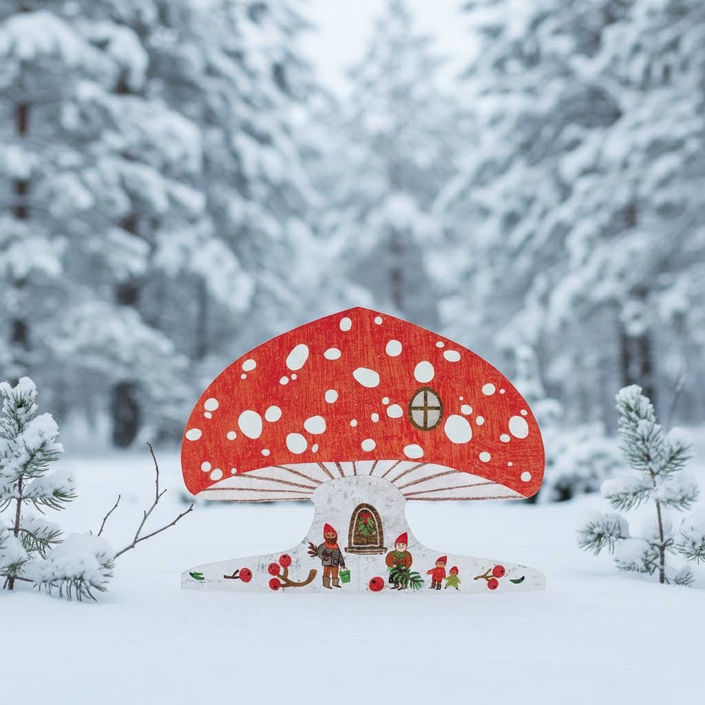 Mortlake Papers Snowy Mushroom Gnome House Card shows gnomes, pine trees, and a mushroom house in a winter wonderland scene.