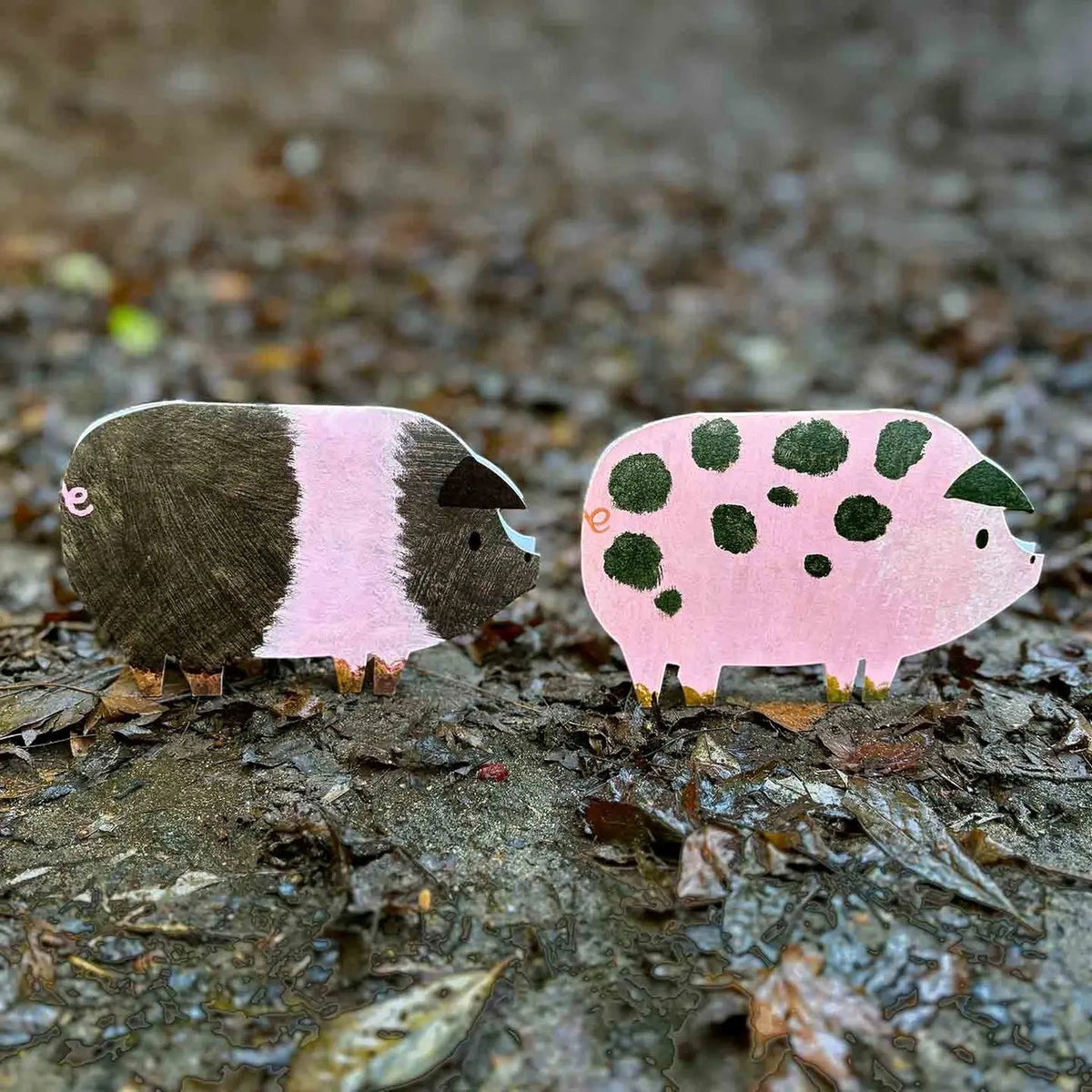 Mortlake Papers Striped Pig Greeting Card with two pig cutouts on wet, leaf-covered outdoor ground. Unique striped design.