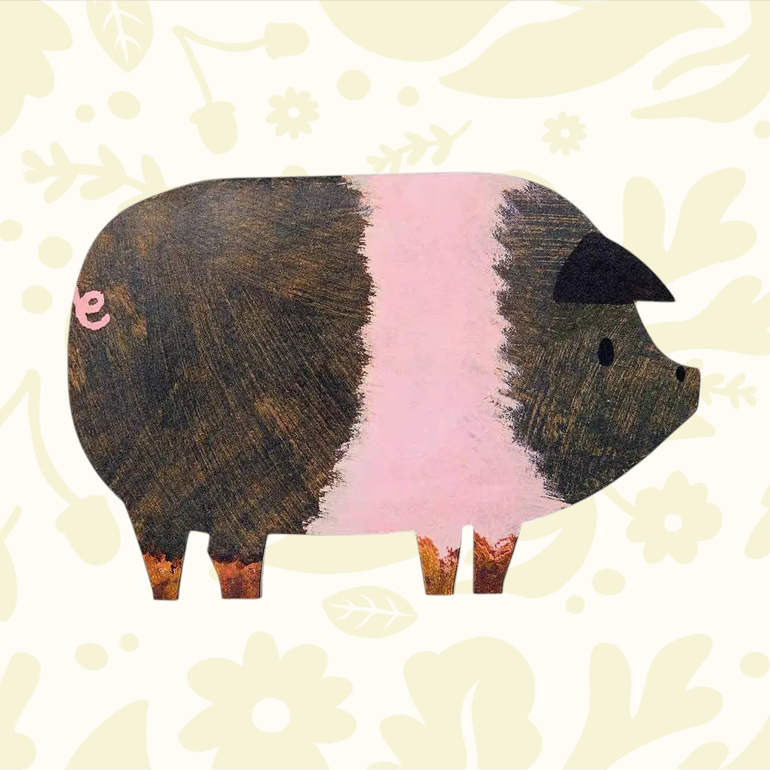 Mortlake Papers Striped Pig Greeting Card with hand-illustrated pink pig, floral details, and bold striped background.