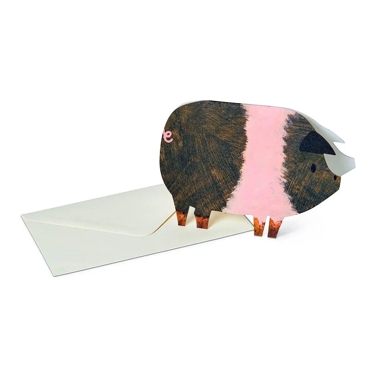 Mortlake Papers striped pig greeting card shaped like a guinea pig, with white envelope, on plain background gift stationery.