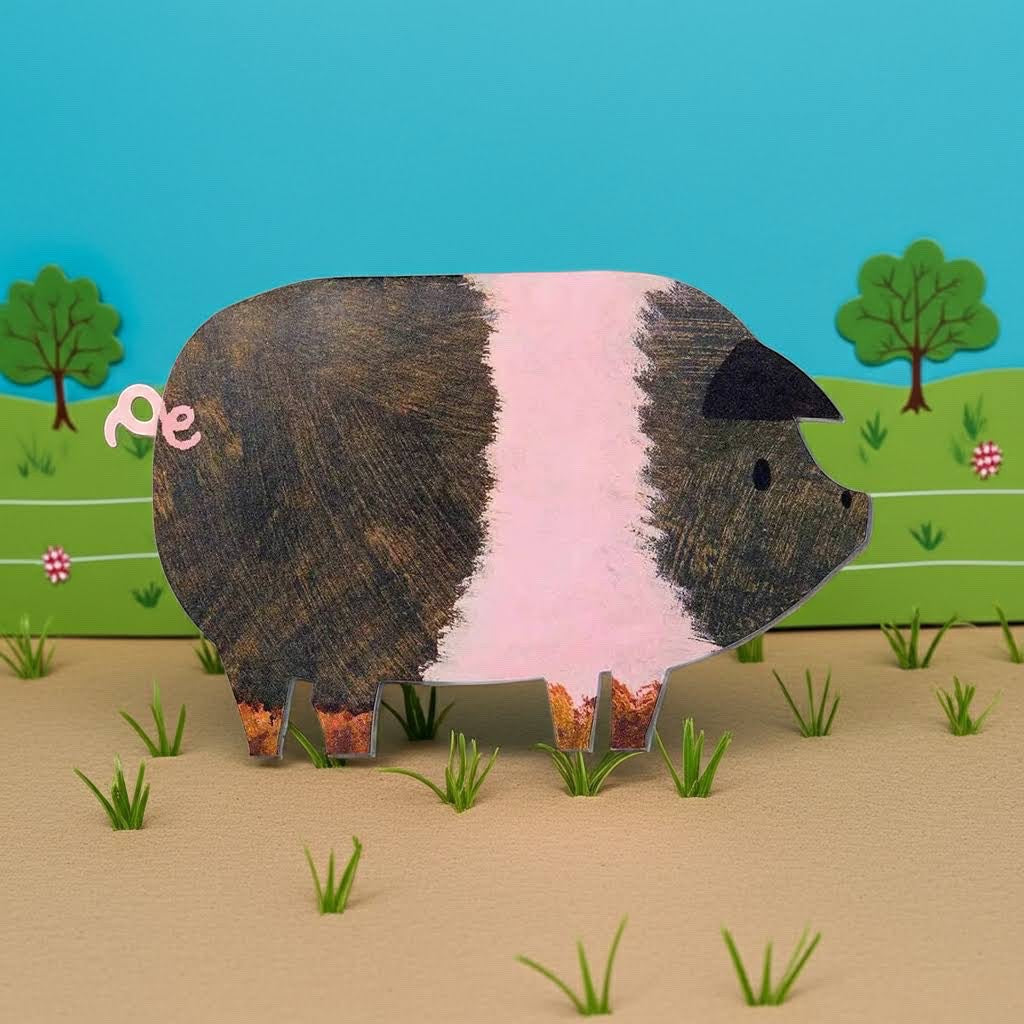 Hand-illustrated pig with pink band on grass, The Mortlake Papers Striped Pig Greeting Card, unique animal stationery.