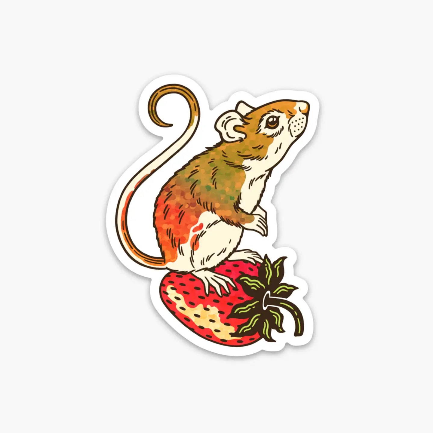 Strawberry Mouse glitter vinyl sticker by Kate O’Hara, waterproof, earthy red tones, perfect for cottagecore gift lovers.