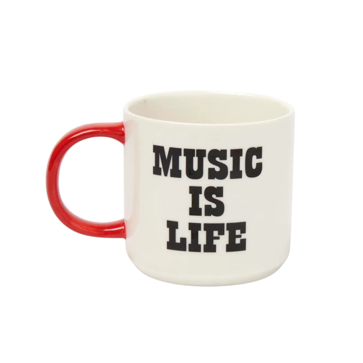 Magpie Gifts Peanuts Music Is Life mug in white with black vinyl font, standout red handle. Perfect gift for music lovers and fans.