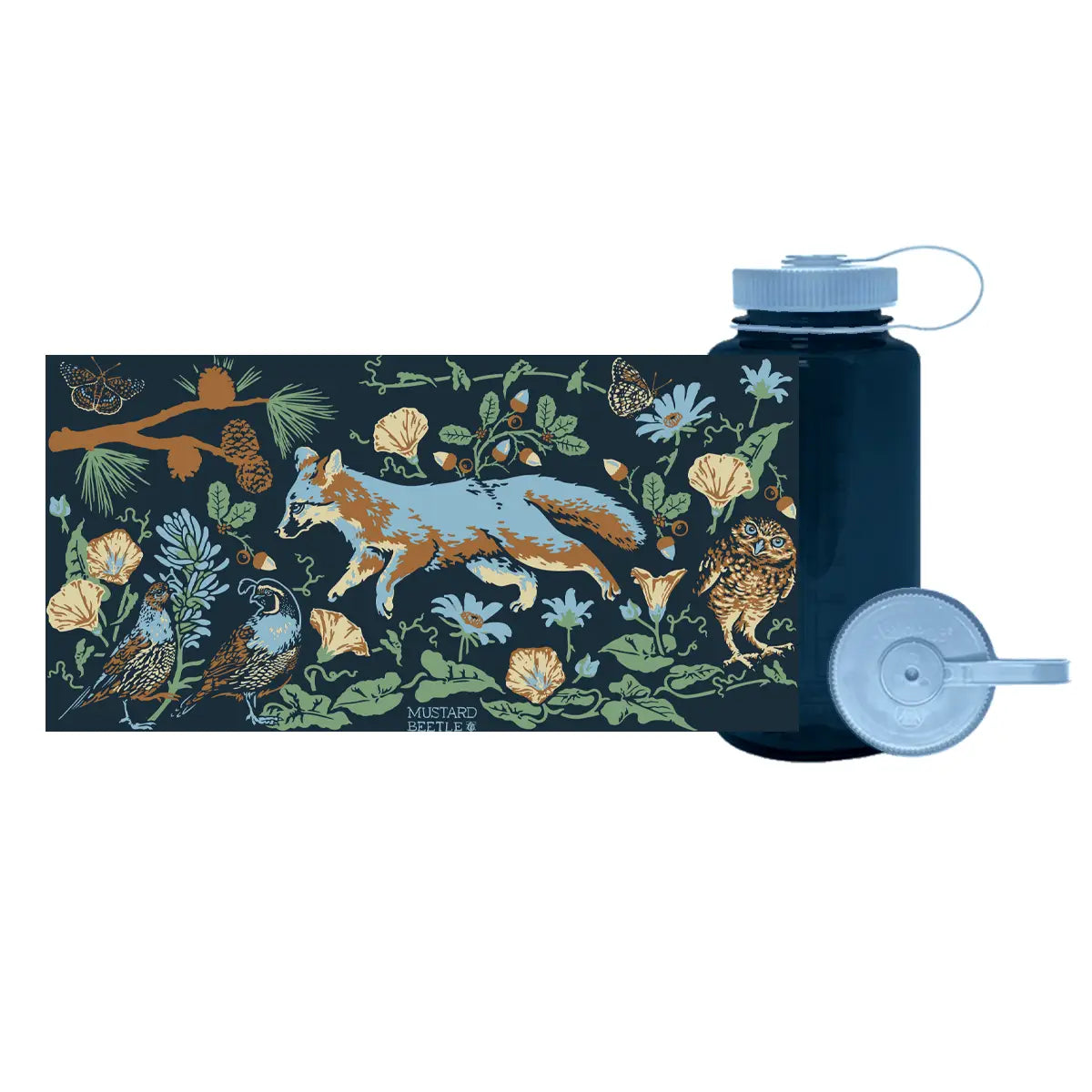 Navy water bottle with nature-themed design featuring animals and plants on a white background